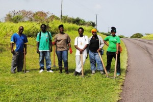 The five PEP recruits assigned to the Parks and Beaches Unit in Zone 6, with their supervisor, at Jelly Walk along the Island Main Road in St. Paul’s. From left: Mr Washington Wattley, Mr Bishen Daniel (supervisor), Ms Jovanna Francis, Mr Darren Francis, Ms Faith Rawlins, and Ms Latasha Mulraine. 