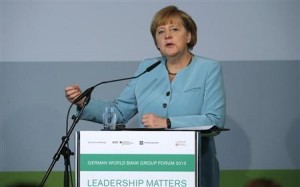German Chancellor Angela Merkel makes a point during her speech at the German World Bank Group Forum 2013, in Berlin June 20, 2013. REUTERS/Tobias Schwarz