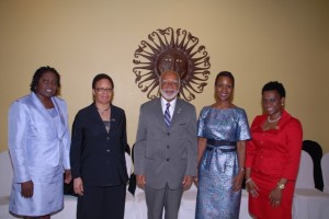 (Left to right) - OECS Commissioner Her Excellency Astona Browne; Ambassador to the Kingdom of Belgium and the European Union, Her Excellency Shirley Skerritt-Andrew; Governor General, His Excellency Sir Edmund Lawrence; Ambassador to the Republic of China (Taiwan), Her Excellency Jasmine Huggins and Ambassador to the United States and Permanent Representative to the Organisation of American States, Her Excellency Jacinth Henry-Martin.