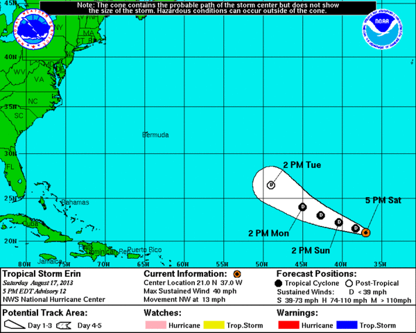 Tropical Storm Erin aims out to sea; disturbance heads toward Gulf coast