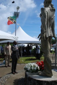 St. Kitts and Nevis' Prime Minister the Rt. Hon. Dr. Denzil Llewellyn Douglas pays homage to First National Hero the Rt. Excellent Sir Robert Llewellyn Bradshaw at the Robert L. Bradshaw Memorial Park