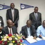 Officials from the Government of St. Kitts and Nevis, the Ministry of Education, the Clarence Fitzroy Bryant College (CFBC) and the University of the Virgin Islands (UVI) sign the Memorandum of Understanding in July 2013. 