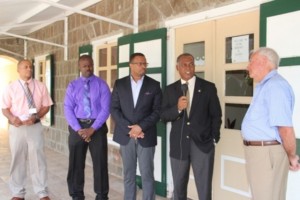 (l-r) Manager of the Vance W. Amory International Airport Mr. Stephen Hanley, Chief Executive Officer of the Nevis Tourism Authority Mr. Greg Phillip, Minister of Tourism and Deputy Premier of Nevis Hon. Mark Brantley, Premier of Nevis Hon. Vance Amory and Chief Executive Officer of Fly Montserrat Captain Nigel Harris following a press briefing by the Nevis Island Administration to announce the Fly Montserrat service from the Vance W. Amory International Airport at Newcastle. 