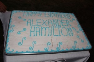 Inscription of the birthday cake in celebration of the birthday anniversary of Alexander Hamilton who was born in Nevis 