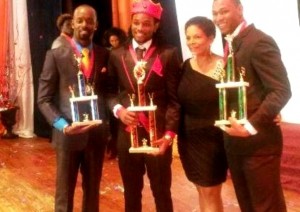 From (Left) Second runner-up Ronnie Morris of Barbados, Winner of first-ever Mr. Caribbean Pageant Kadeen Tyson , Producer of the Mr. Caribbean Pageant, Antoinette Mora , and first runner-up Godwin Charles of St Vincent and the Grenadines 