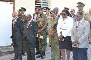 front row left to right) Governor General His Excellency Sir Edmund Lawrence, Prime Minister the Right Honourable Denzil Douglas, Permanent Secretary in the Anti-Crime Unit Her Excellency Astona Browne and Cabinet Secretary His Excellency Joseph Edmeade along with security chiefs and other personnel.