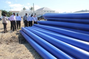 Members of the Nevis Island Administration Cabinet taking a first-hand look on April 16, 2014, at materials for use in the Caribbean Development Bank funded Water Enhancement Project on Nevis