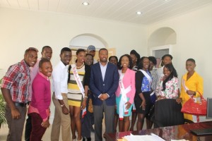  Deputy Premier of Nevis and Minister of Culture Hon. Mark Brantley and the contestants for the Culturama 40 Ms. Culture Queen, Ms. Culture Swimwear and Mr. Kool Pageants at his office in Bath Plain during a courtesy call on June 16, 2014 
