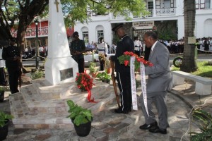 Premier of Nevis Hon. Vance Amory lays a wreath at the War Memorial on November 09, 2014 
