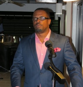 Deputy Premier of Nevis and Senior Minister in the Ministry of Social Development Hon. Mark Brantley delivering remarks at a reception for outstanding teenagers on Nevis at the Mount Nevis Hotel on November 22, 2014