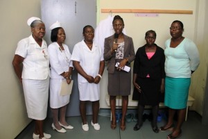 (L-R) Acting Assistant Matron Adriene Stanley, Matron of the Alexandra Hospital Aldris Dias, Nurse Manager of the Alexandra Hospital Laurel Smithen, Health Planner in the Ministry of Health Shelisa Martin Clarke, Voices of Women Representative Gwenneth Browne and Maternal Health Fund Representative Cindy Freeman at the storage handing over ceremony at the Alexandra Hospital on April 29, 2015 