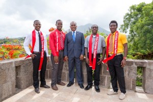 Premier of Nevis Hon. Vance Amory (middle) with Mr. Kool contestants (l-r) Arundell Dore, Romaine Mills, Delville Mills and Jevon Romney on the terrace on the top floor of the Nevis Island Administration on July 13, 2015. Contestant Wricherky Gumbs is absent 