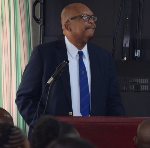 His Excellency Sir S. W. Tapley Seaton taking a question after his presentation on the Juvenile Laws at the Commissioner's Lecture on Wednesday Feb 25