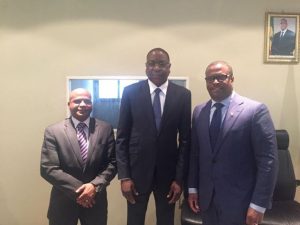 the Honourable Lindsay Grant ( left), Foreign Minister Mankeur Ndiaye (center) and Minister Brantley (right)