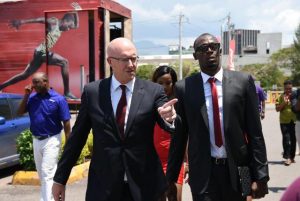  David Butler, Digicel Jamaica CEO, welcomes Usain Bolt, Digicel CSO to work on his first day