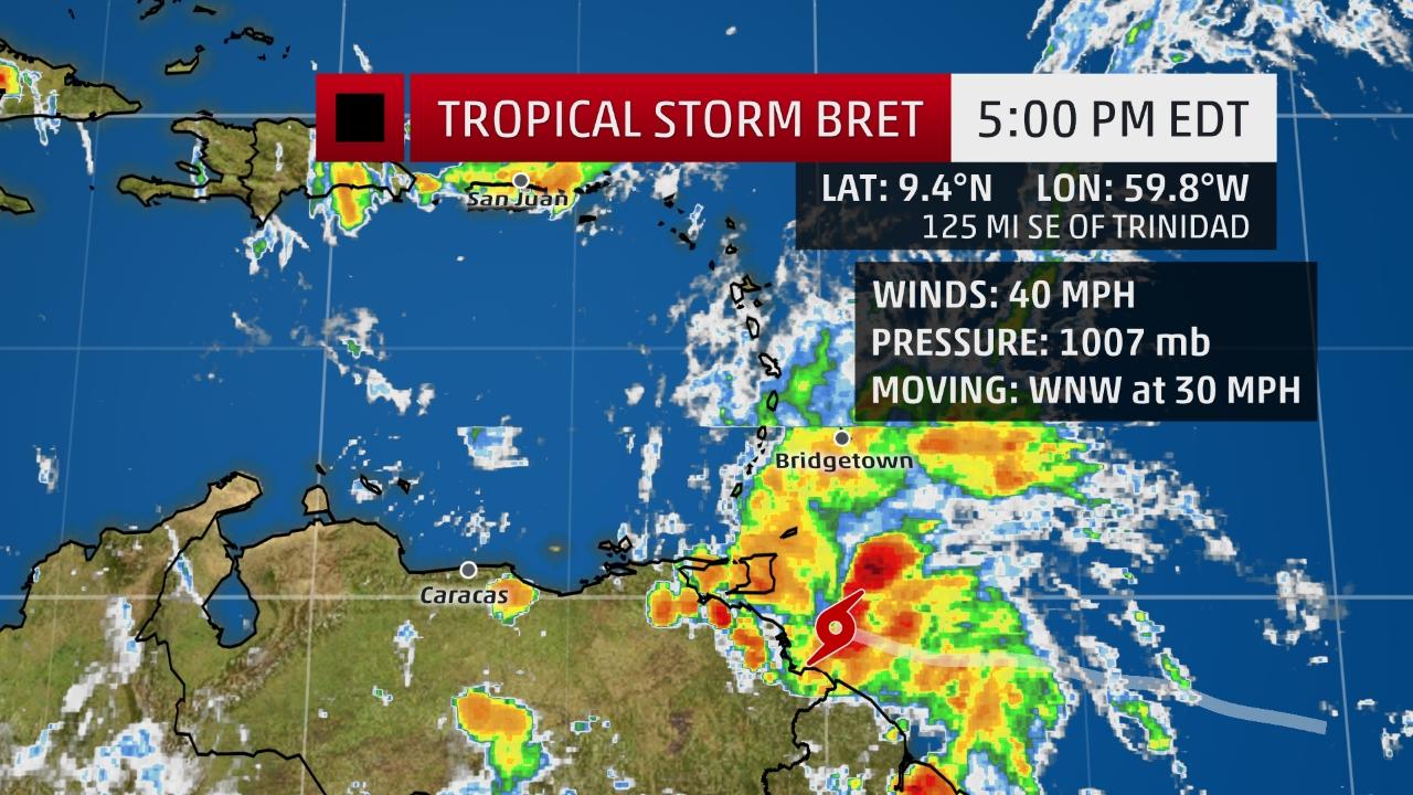 Tropical Storm Bret Forms in Central Atlantic; Heavy Rain, Gusty Winds Expected in Windward Islands