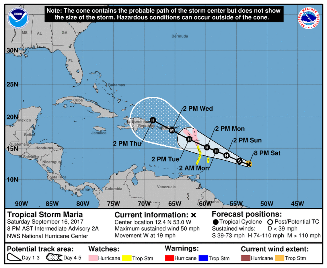 Caribbean under hurricane watch again. Tropical Storm Maria following Irma’s track.