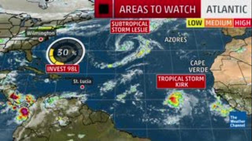 Tropical Storm Kirk to Face Caribbean Wind Shear Later This Week; Invest 98L to Brush Carolinas With Showers