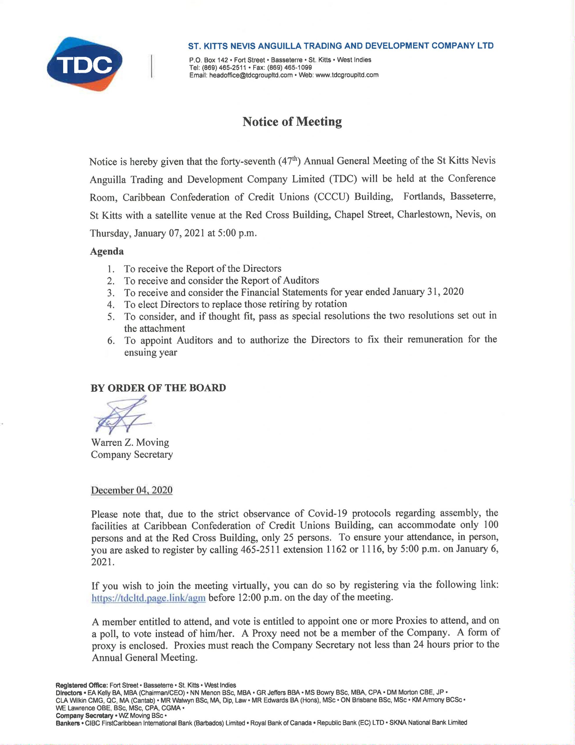 Notice of the 47th Annual General Meeting of the St. Kitts Nevis