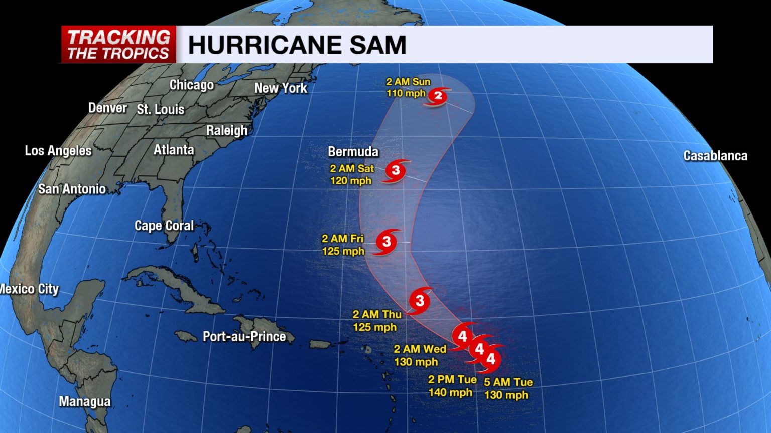 Hurricane Sam remains strong hurricane but poses no threat to the US