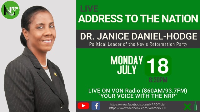 Leader of the Nevis Reformation Party Dr. Janice Daniel Hodge to make a national address at 8:30p.m.