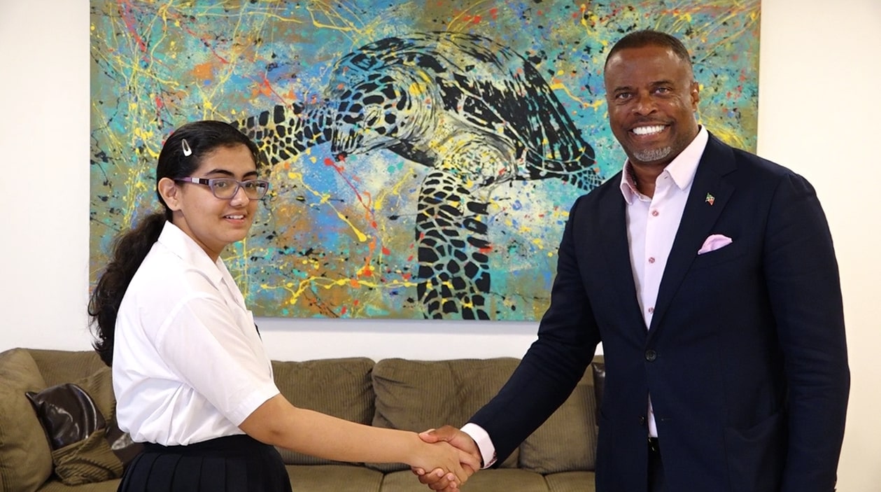 Premier Brantley wishes Nevis’ Youth Junior Tourism Minister luck at CTO Tourism Youth Congress