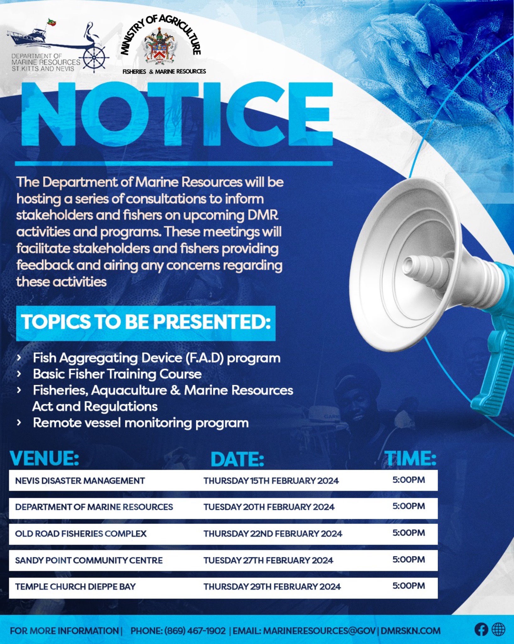 Department Of Marine Resources St. Kitts And Nevis (DMR) To Host a Series of Consultations to Update Fishing Community