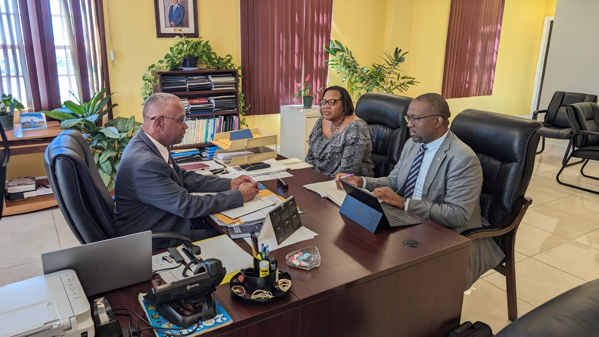 SKN CARICOM Ambassador H.E. Larry Vaughan holds discussion with Acting Premier Evelyn, donates books to Nevis Library