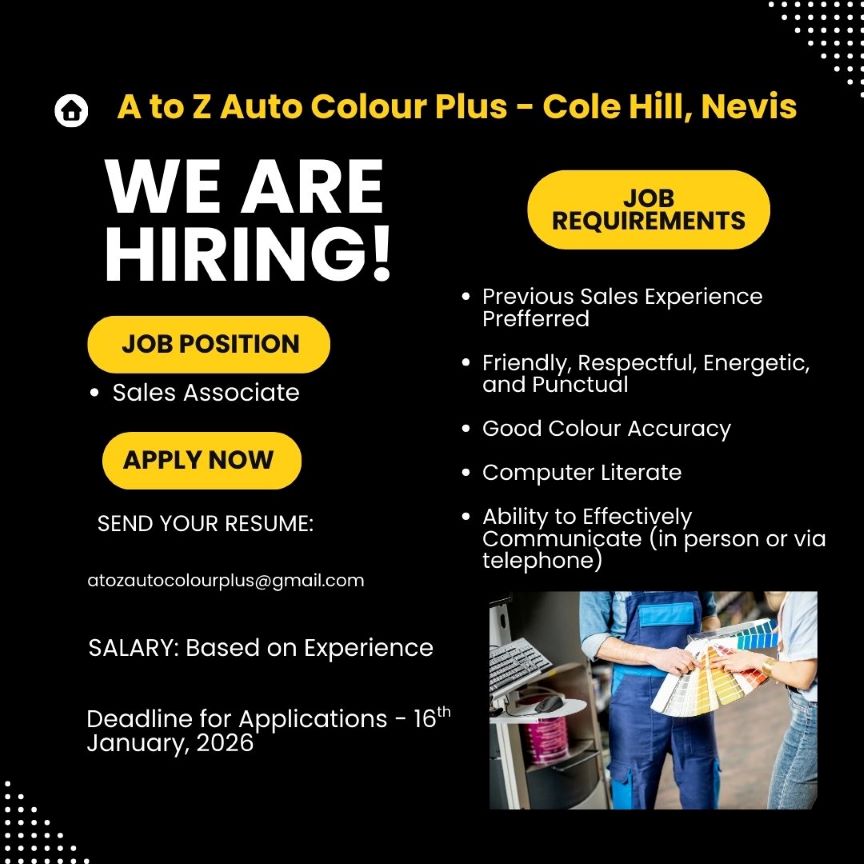 Job Vacancy – Sales Associate at A to Z Auto Colour Plus Nevis