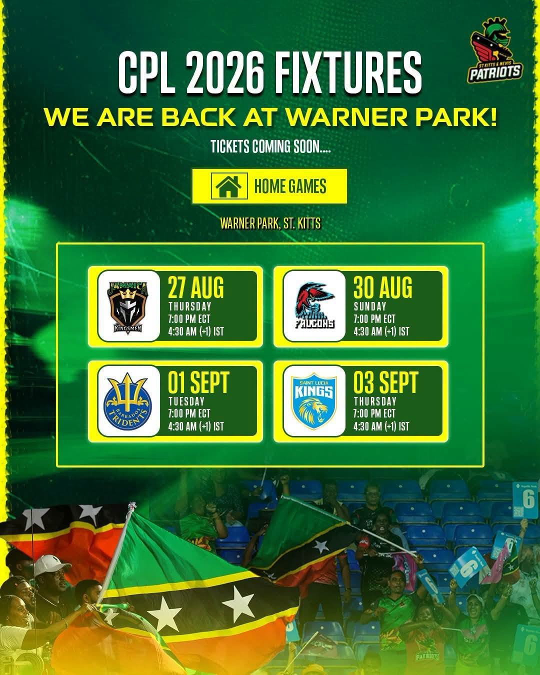 St Kitts & Nevis Patriots Announce CPL 2026 Home Fixtures at Warner Park