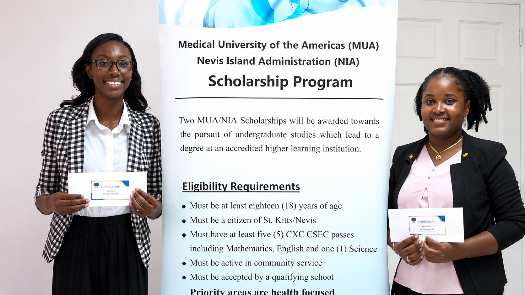 Medical University of the Americas (MUA)/Nevis Island Administration (NIA) scholarship 2026 recipients Michaela Maynard (l) and Aliyah Sampson (r)