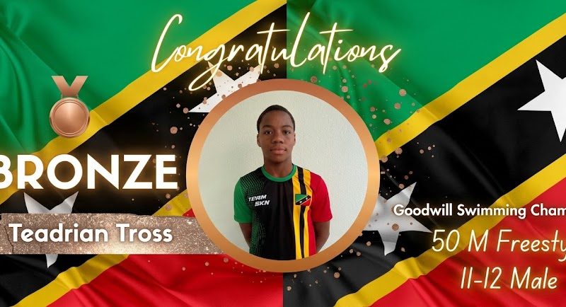 Historic First Goodwill  Medal for  St. Kitts & Nevis  as Teadrian Tross Claims Bronze Medal 50m Freestyle