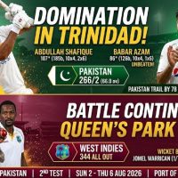 Cricket : Pakistan Dominate Day 2 As Shafique Century Brightens Second Test at Queen’s Park Oval