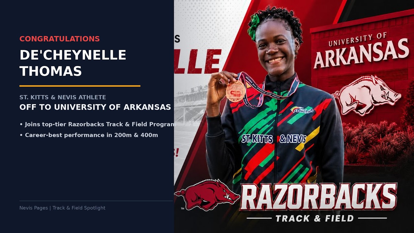 St. Kitts’ DeCheynelle Thomas Heads to the University of Arkansas to Continue Academic and Athletic Career