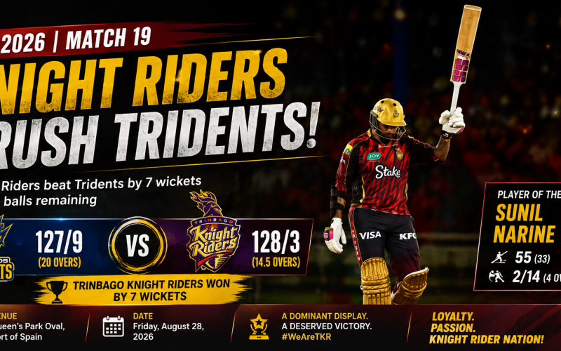 CPL 2026: Trinbago Knight Riders Crush Barbados Tridents by Seven Wickets