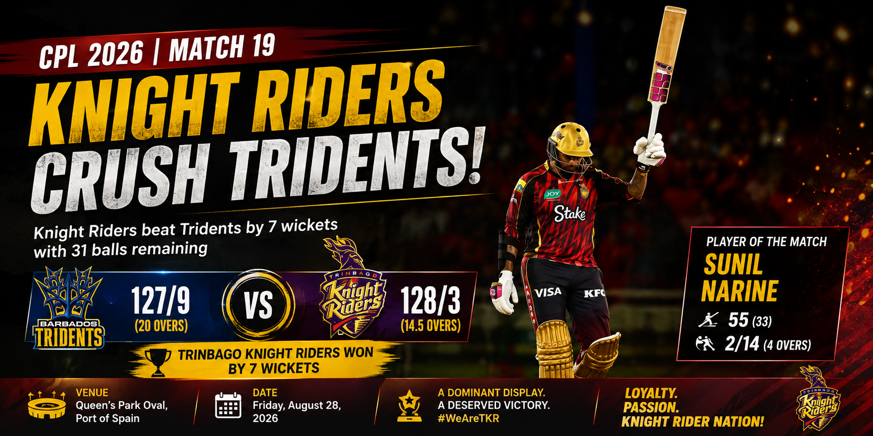 CPL 2026: Trinbago Knight Riders Crush Barbados Tridents by Seven Wickets