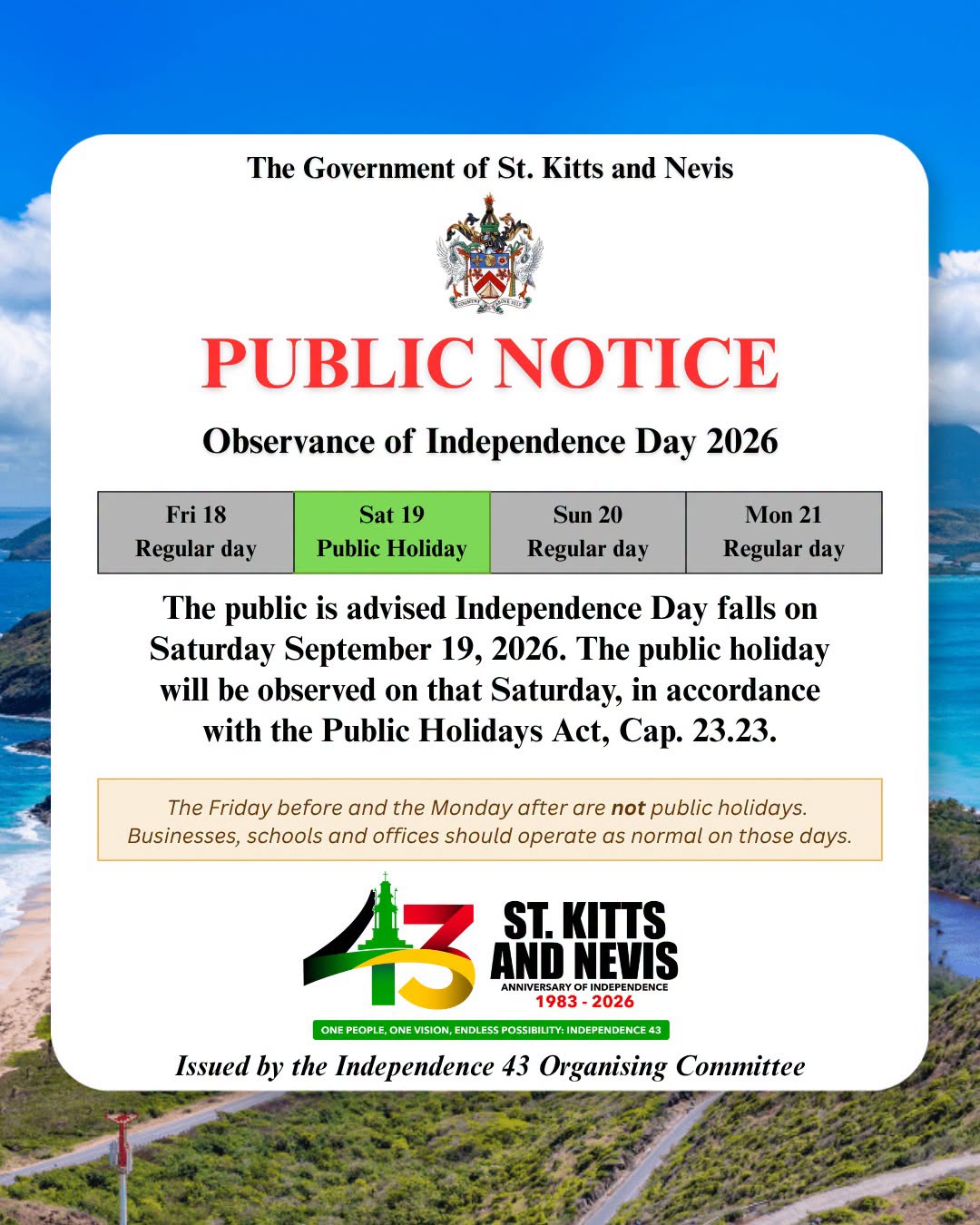 Independence Day 2026 to Be Observed on Saturday, September 19