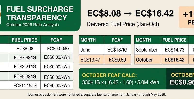 NEVLEC Explains Fuel Surcharge as October Rate Rises to EC$0.96 per kWh