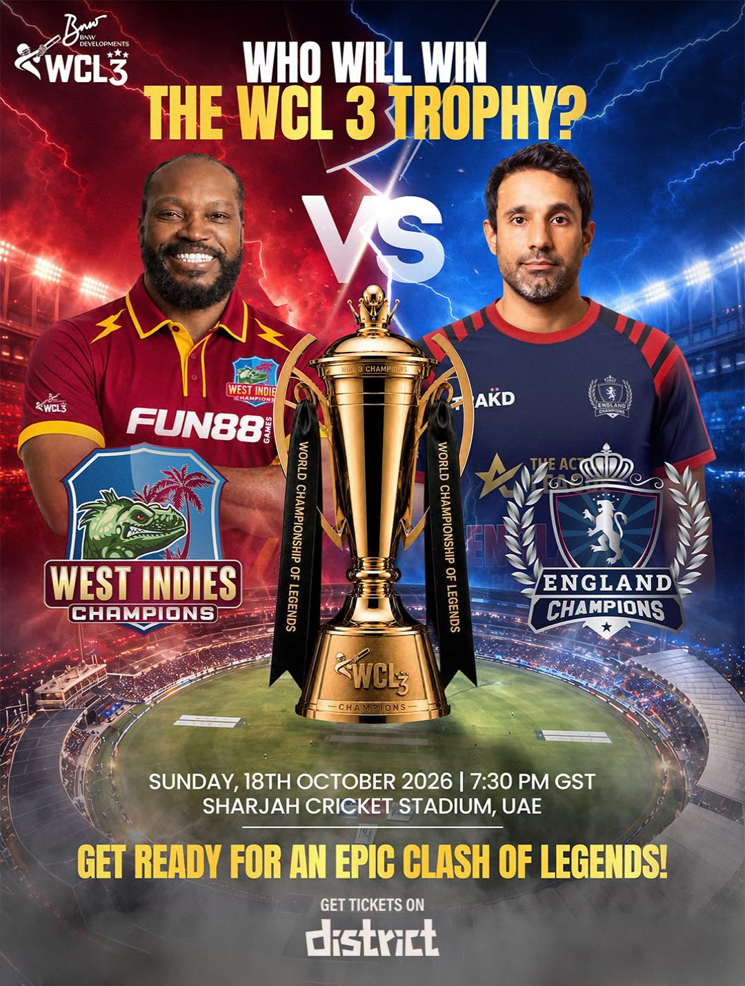 Cricket :World Championship of Legends Season 3 Grand Finale: West Indies Champions to Face England Champions in Sharjah